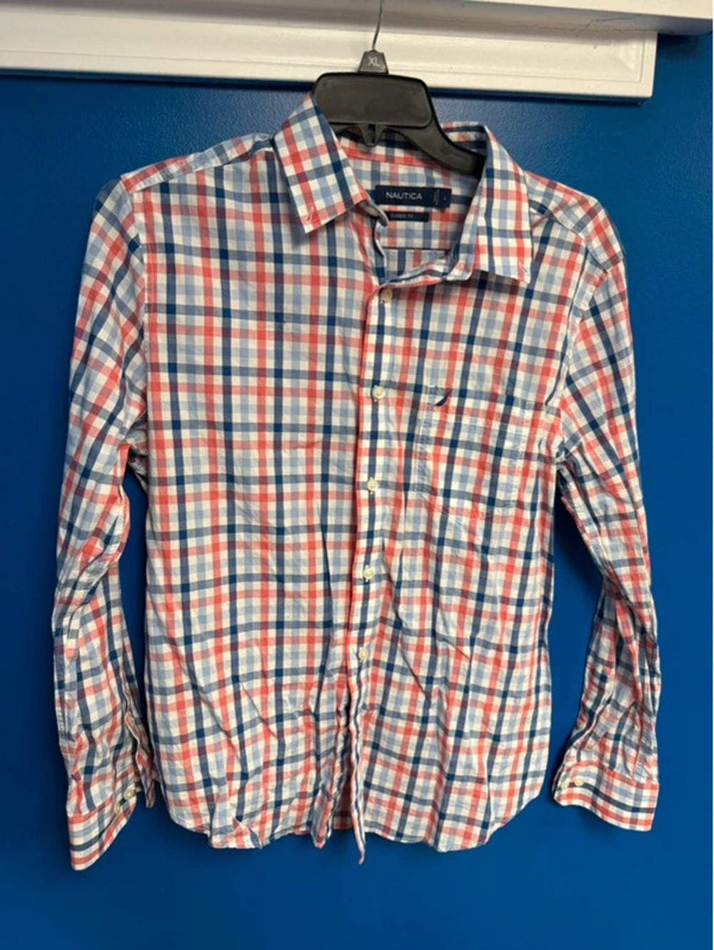 Nautica Mens Large Classic Fit Plaid Button Down Shirt Coral Blue Check
